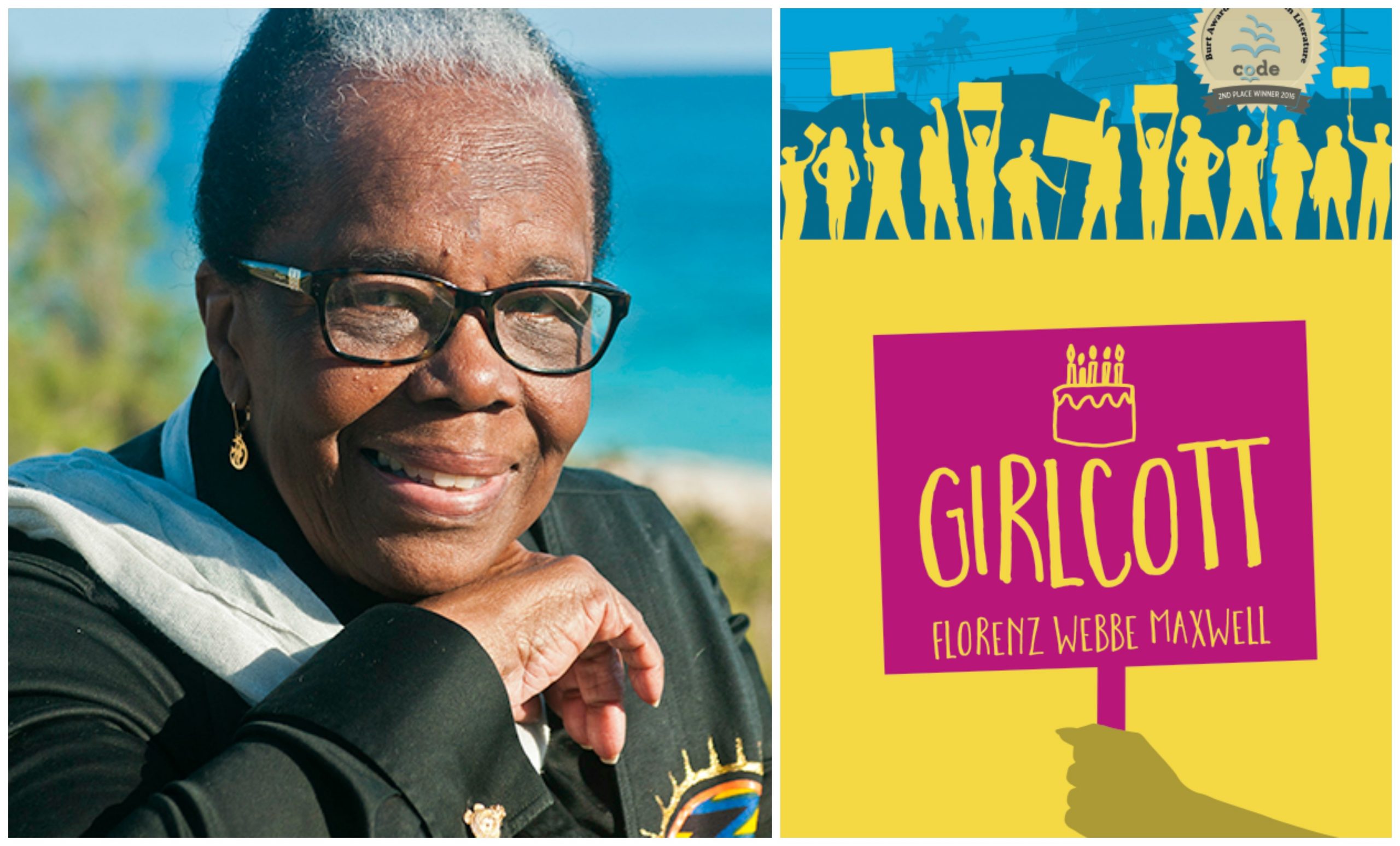 Author Florenz Webbe Maxwell and the cover of her award wining Caribbean novel, Girlcott